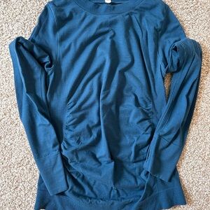 Athleta Teal Long Sleeve Crewneck knit Top with Front Ruching and thumb holes